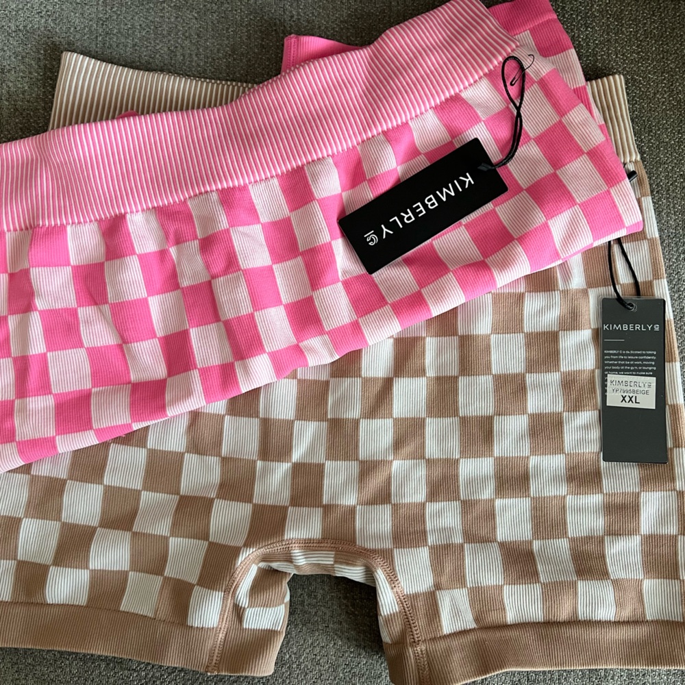 TikTok Checkered Pink and Tan Biker Short Set